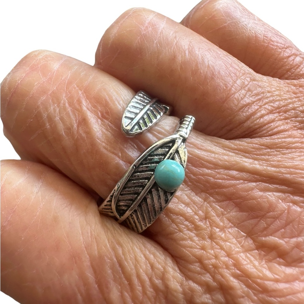 Silver Feather Wrap Open Ring With Turquoise Acce… - image 2